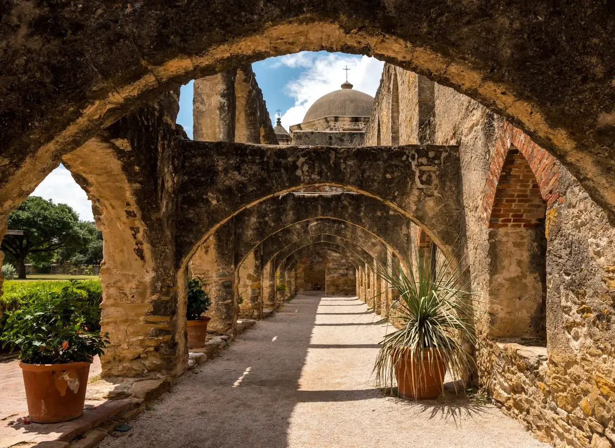Arches covered walk way at the San Jose Mission in San Antonio, TX